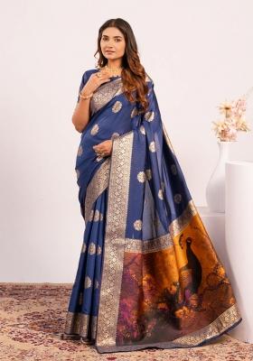 Navy Blue Weaving Work Cotton Saree Set