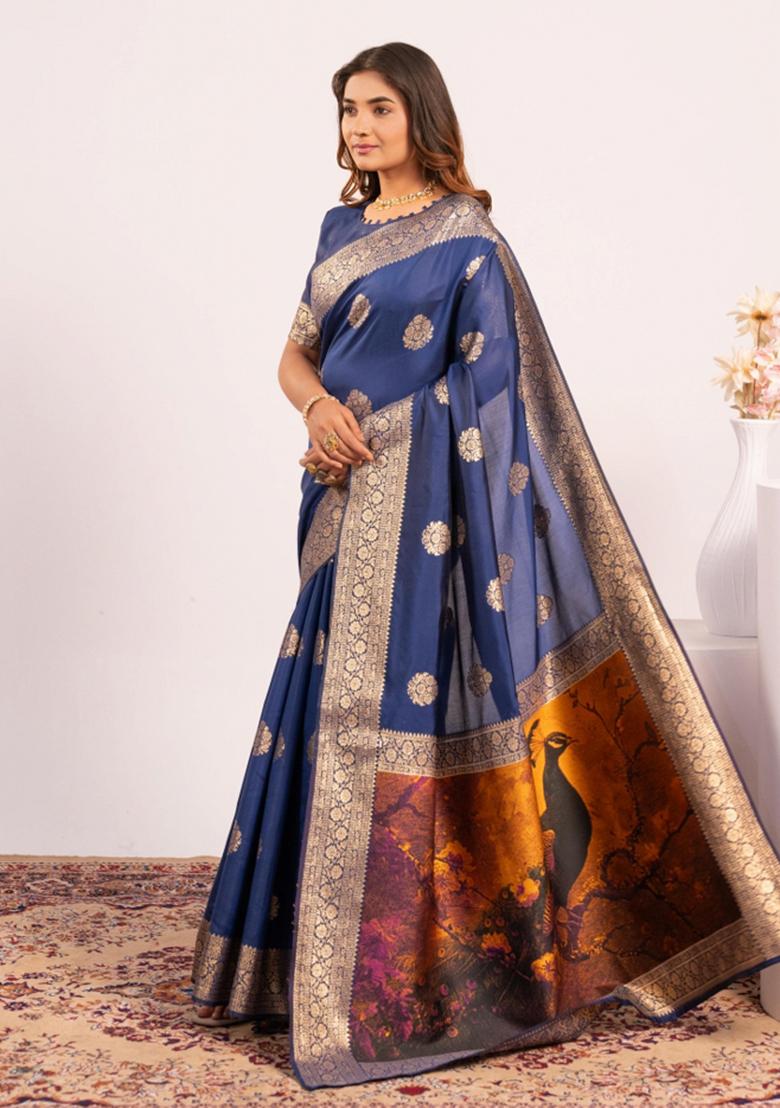 Navy Blue Weaving Work Cotton Saree Set - Indya