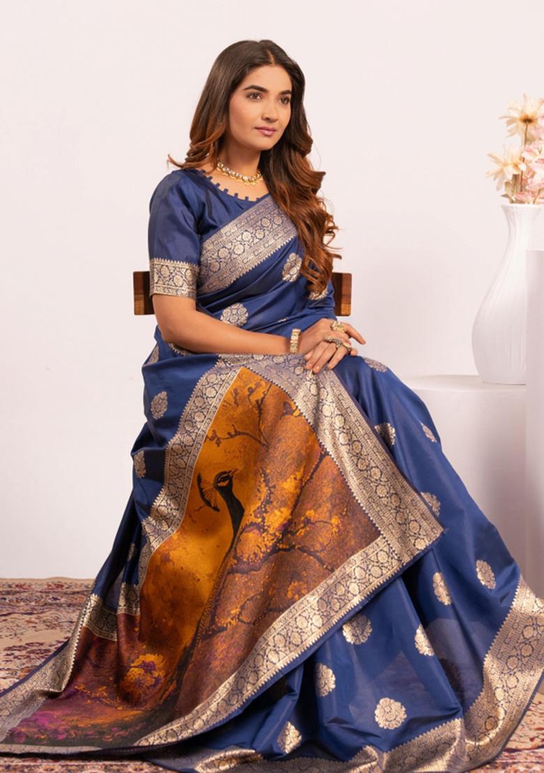 Navy Blue Weaving Work Cotton Saree Set - Indya