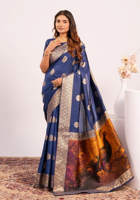 Navy Blue Weaving Work Cotton Saree Set