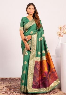 Rama Green Weaving Work Cotton Saree Set