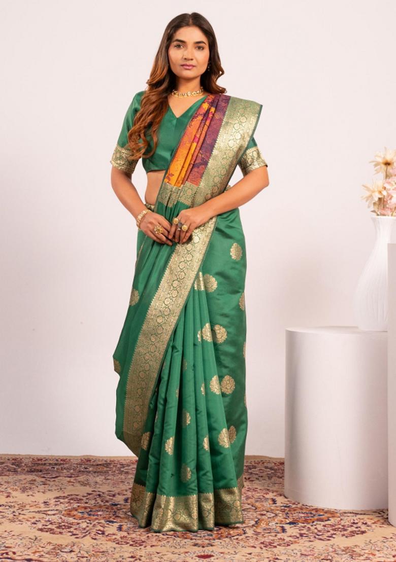 Rama Green Weaving Work Cotton Saree Set - Indya
