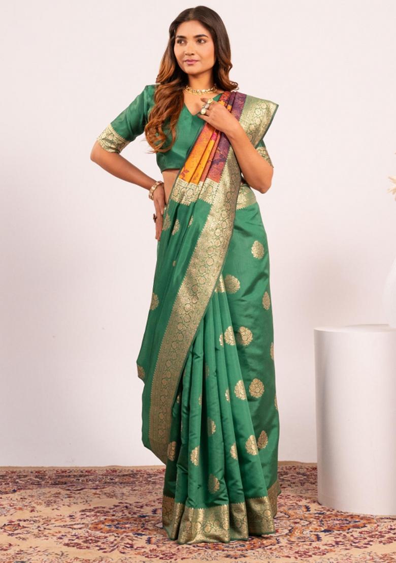 Rama Green Weaving Work Cotton Saree Set - Indya