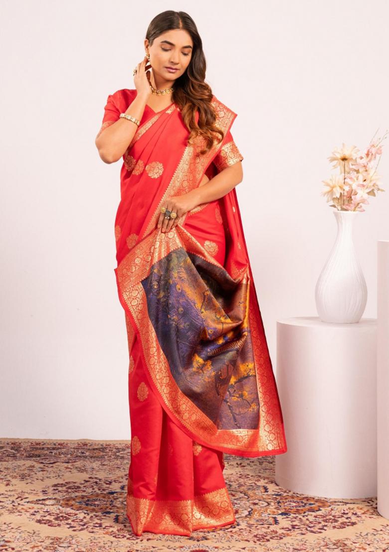 Red Weaving Work Cotton Saree Set - Indya