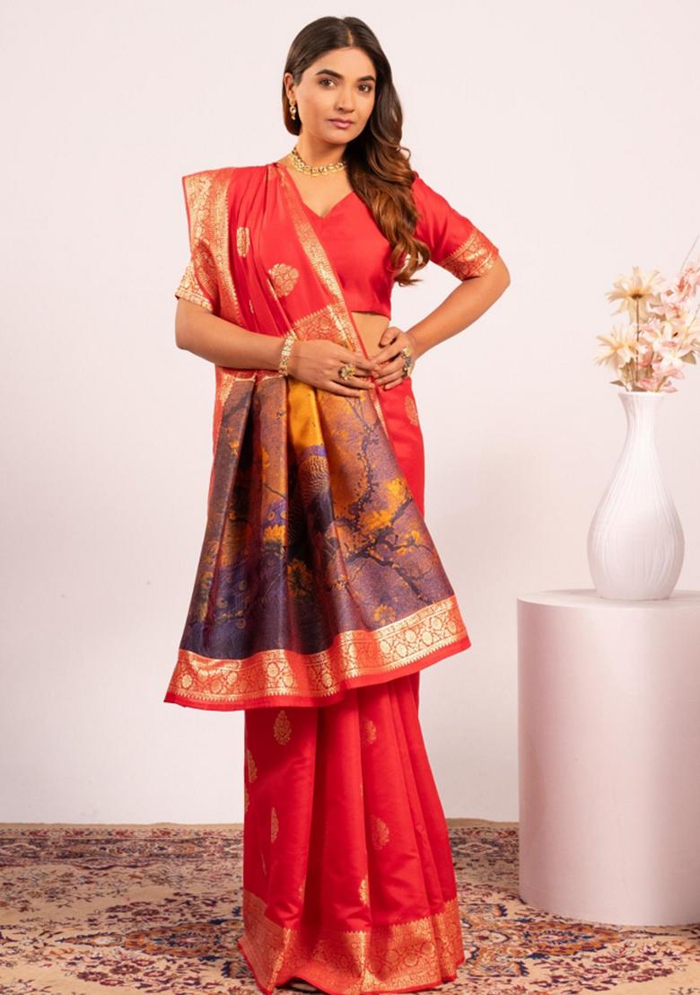 Red Weaving Work Cotton Saree Set - Indya