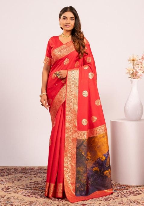 Red Weaving Work Cotton Saree Set