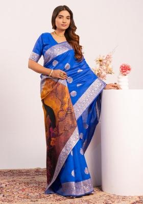 Royal Blue Weaving Work Cotton Saree Set