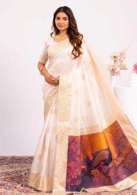 White Weaving Work Cotton Saree Set