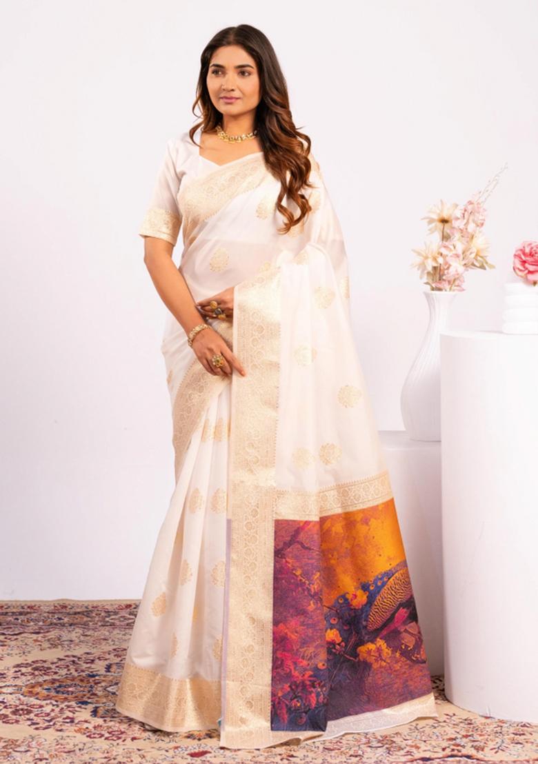 White Weaving Work Cotton Saree Set - Indya