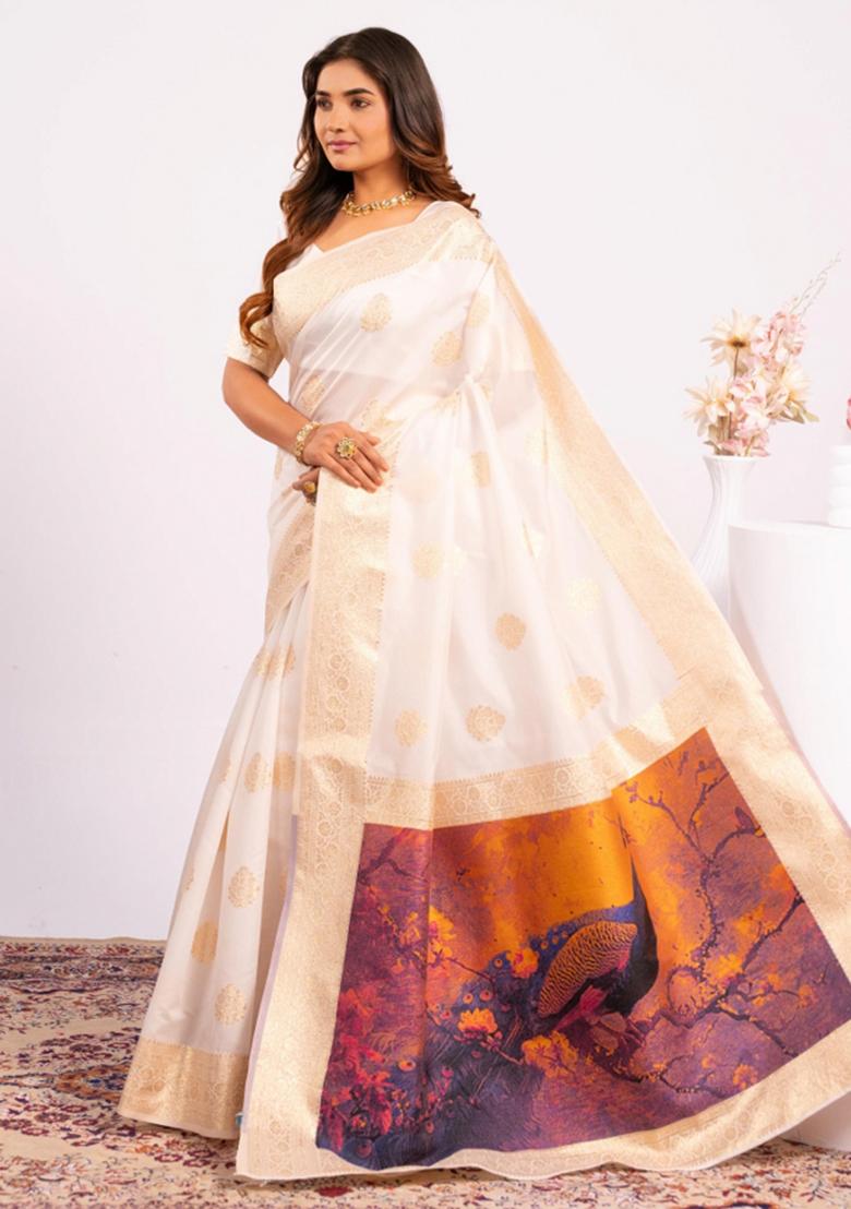 White Weaving Work Cotton Saree Set - Indya