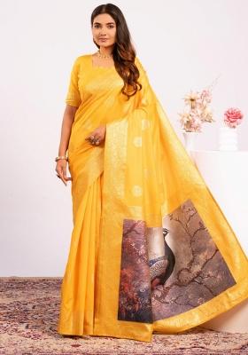 Yellow Weaving Work Cotton Saree Set
