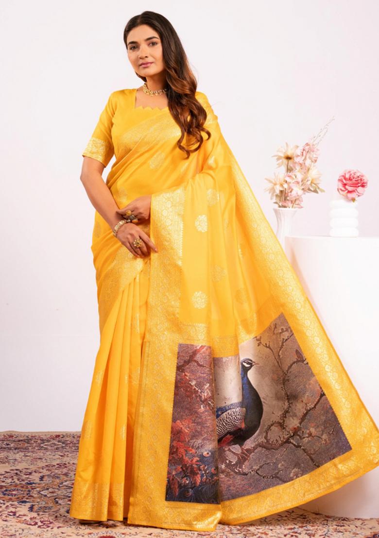 Yellow Weaving Work Cotton Saree Set - Indya