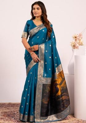 Blue Weaving Work Silk Saree Set