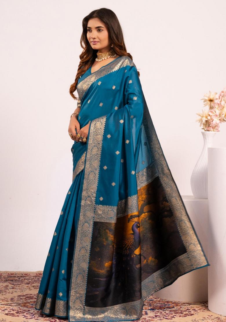 Blue Weaving Work Silk Saree Set - Indya