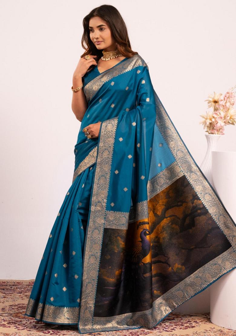 Blue Weaving Work Silk Saree Set - Indya
