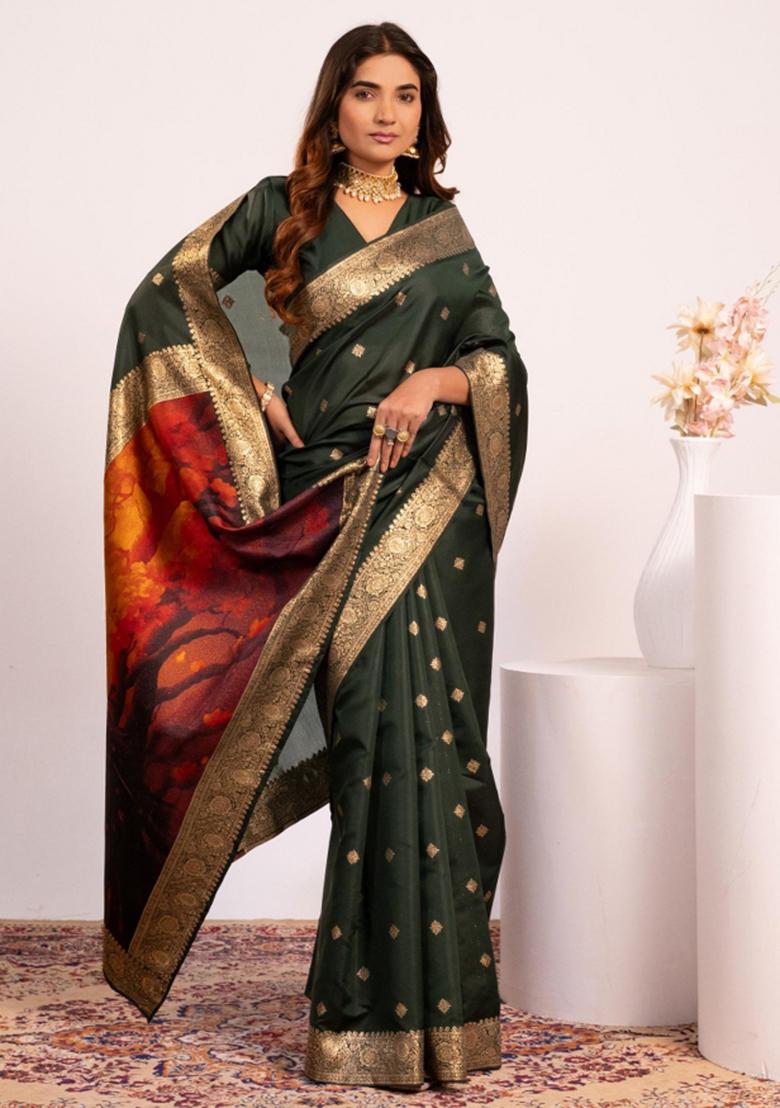 Dark Green Weaving Work Silk Saree Set - Indya