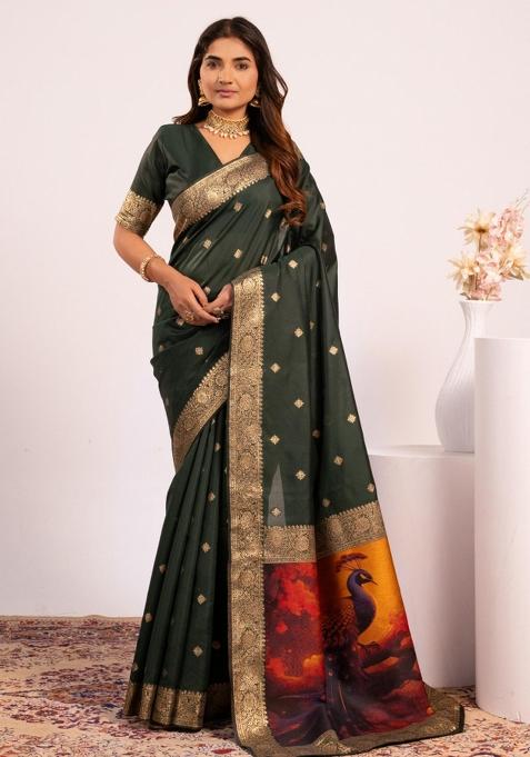 Dark Green Weaving Work Silk Saree Set