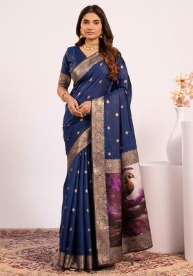 Navy Blue Weaving Work Silk Saree Set