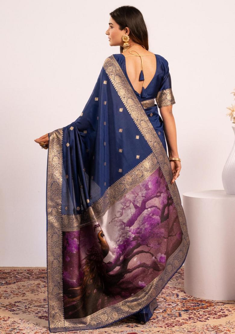 Navy Blue Weaving Work Silk Saree Set - Indya