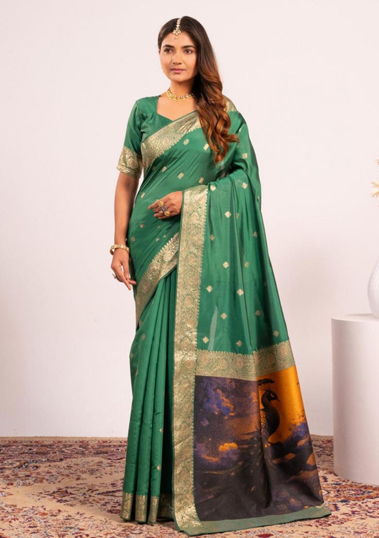 Rama Green Weaving Work Silk Saree Set - Indya