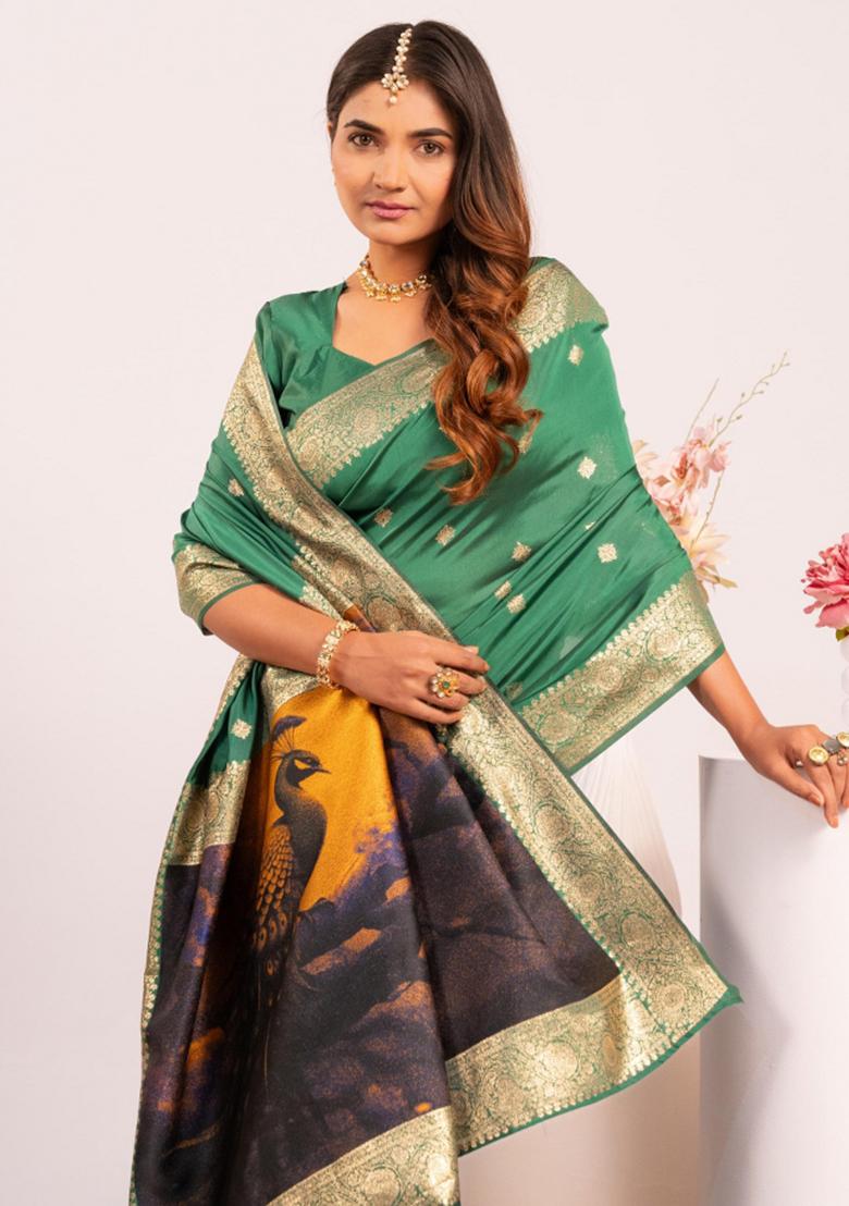 Rama Green Weaving Work Silk Saree Set - Indya