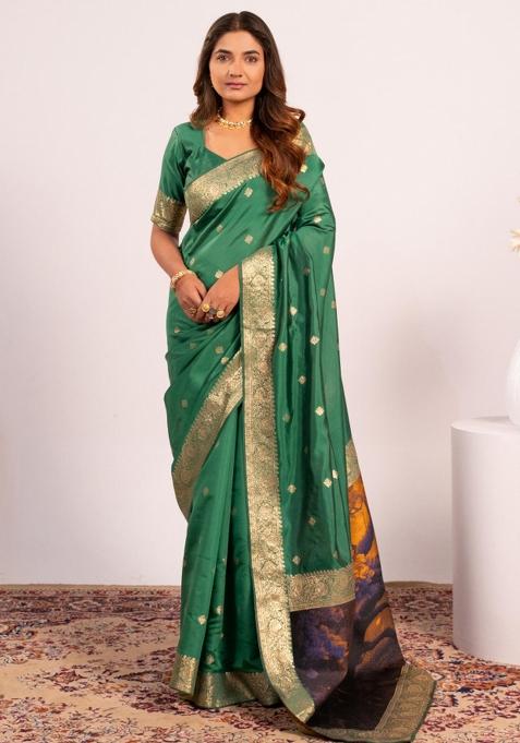 Rama Green Weaving Work Silk Saree Set