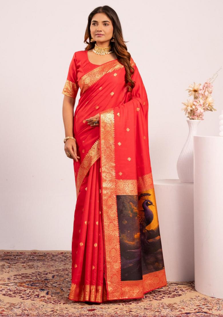 Red Weaving Work Silk Saree Set - Indya