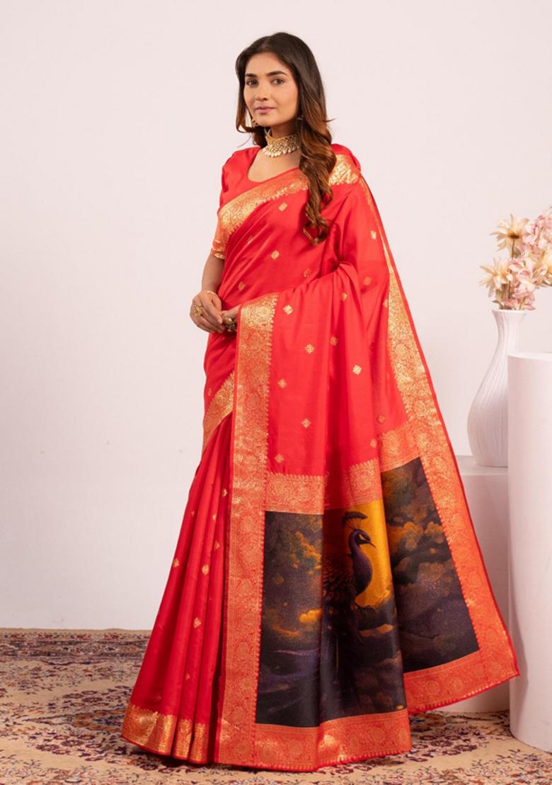 Red Weaving Work Silk Saree Set - Indya