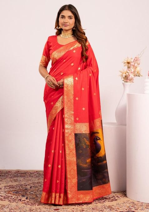 Red Weaving Work Silk Saree Set