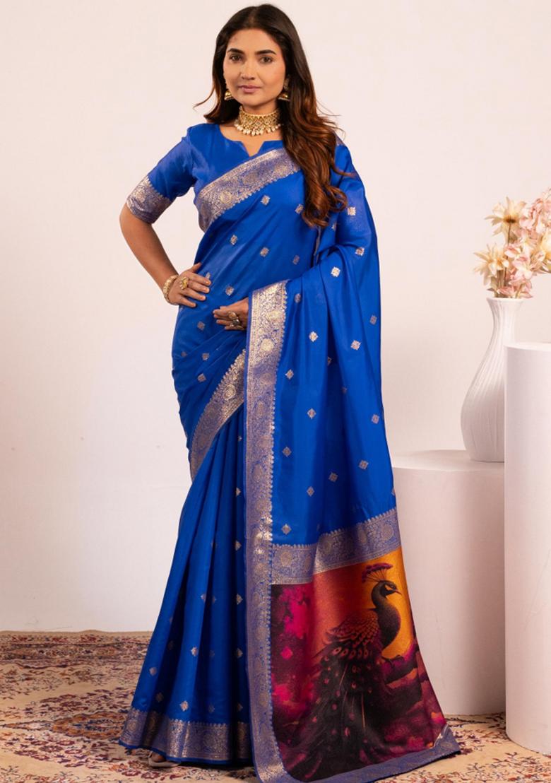 Royal Blue Weaving Work Silk Saree Set - Indya