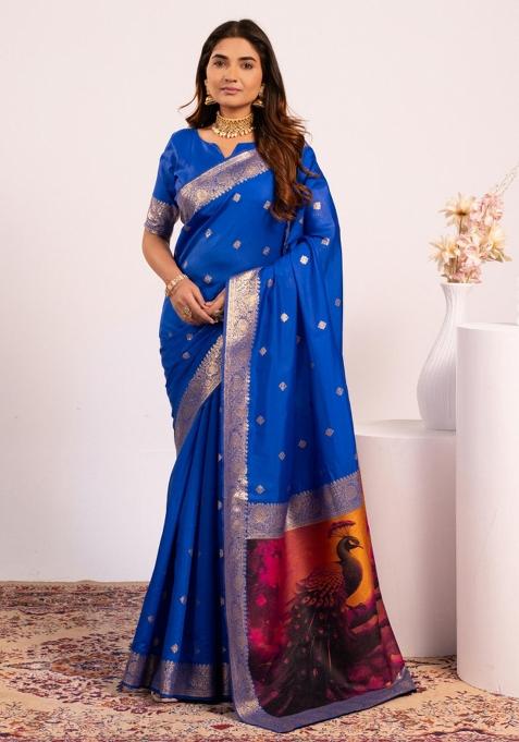 Royal Blue Weaving Work Silk Saree Set