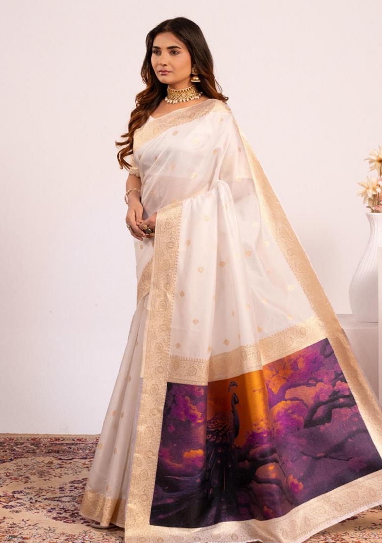 White Weaving Work Silk Saree Set - Indya