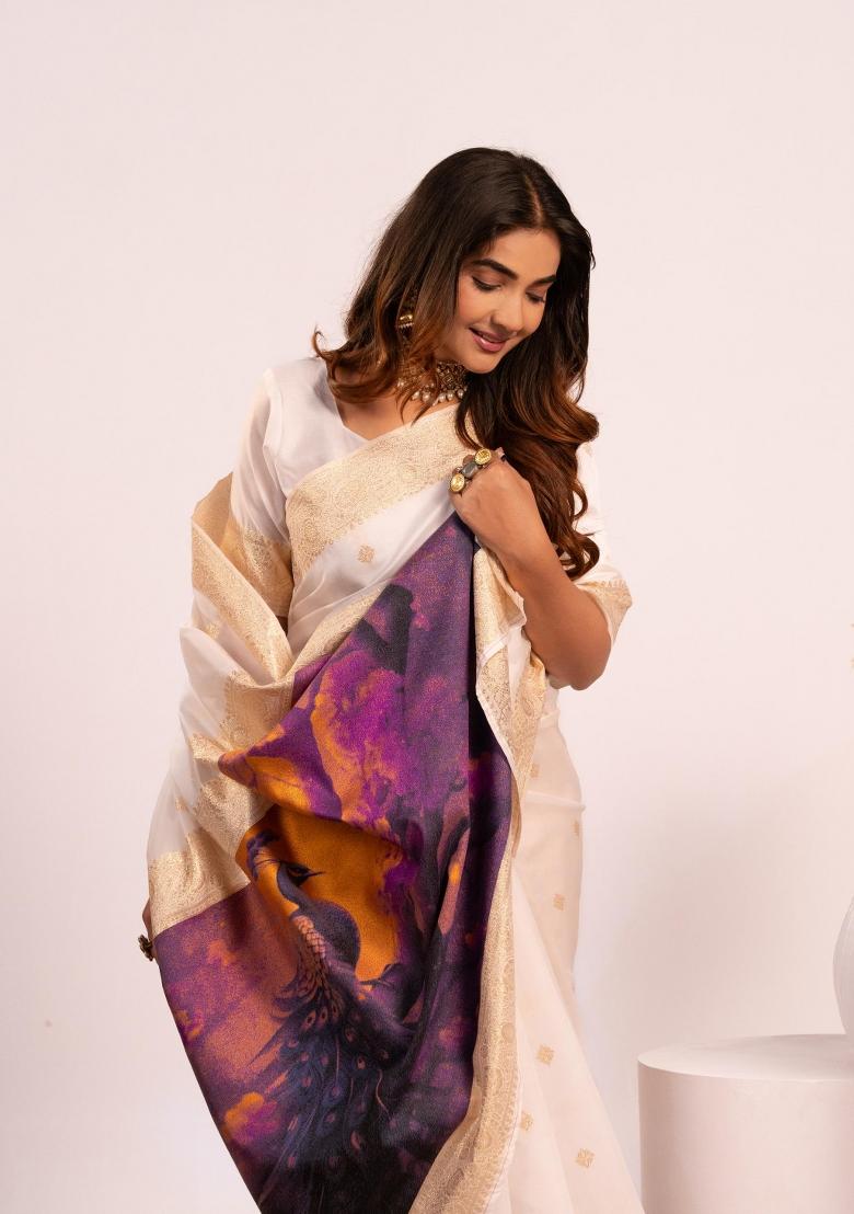 White Weaving Work Silk Saree Set - Indya