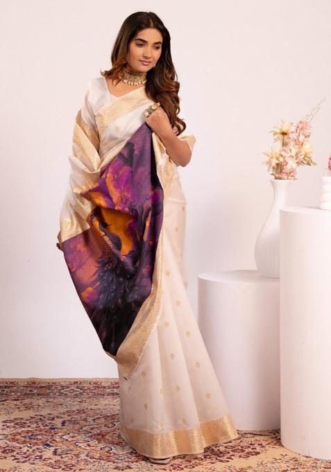 White Weaving Work Silk Saree Set