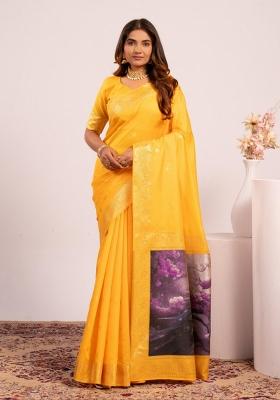 Yellow Weaving Work Silk Saree Set