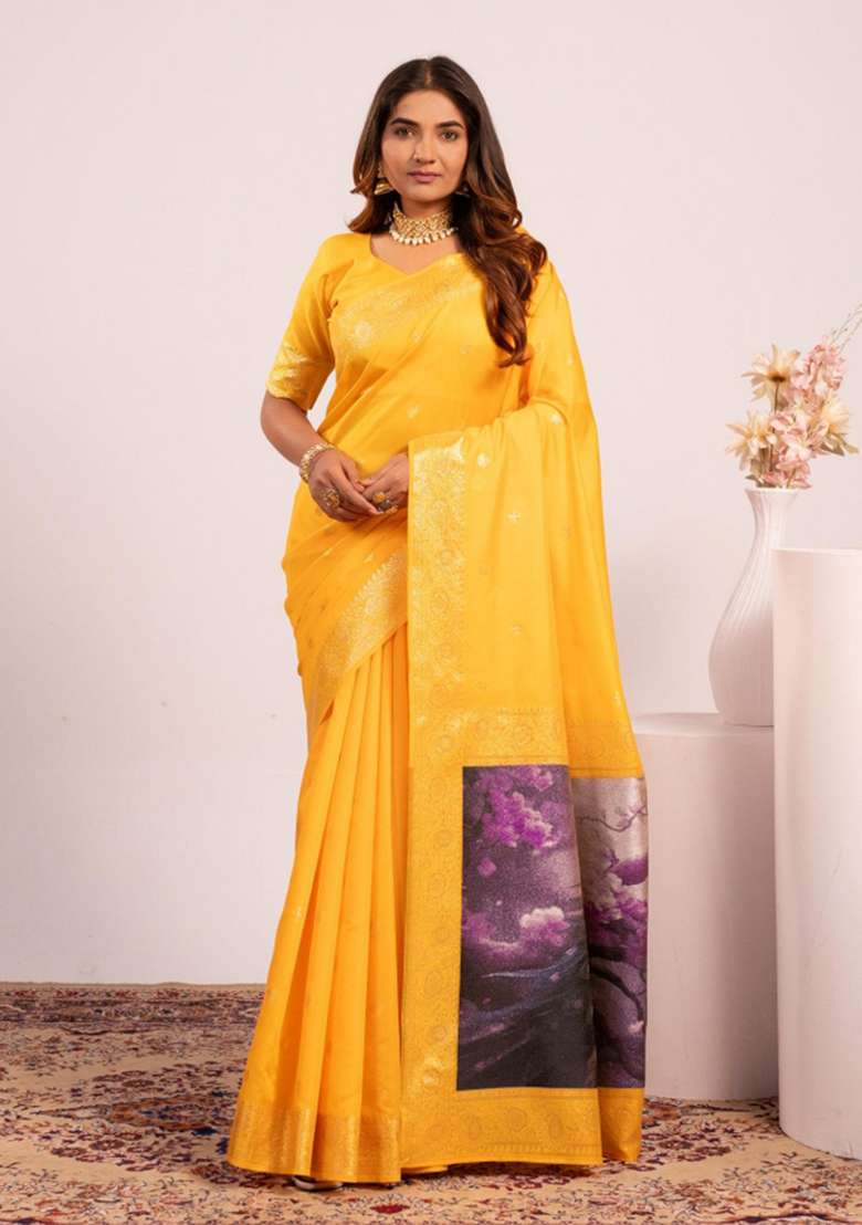 Yellow Weaving Work Silk Saree Set - Indya