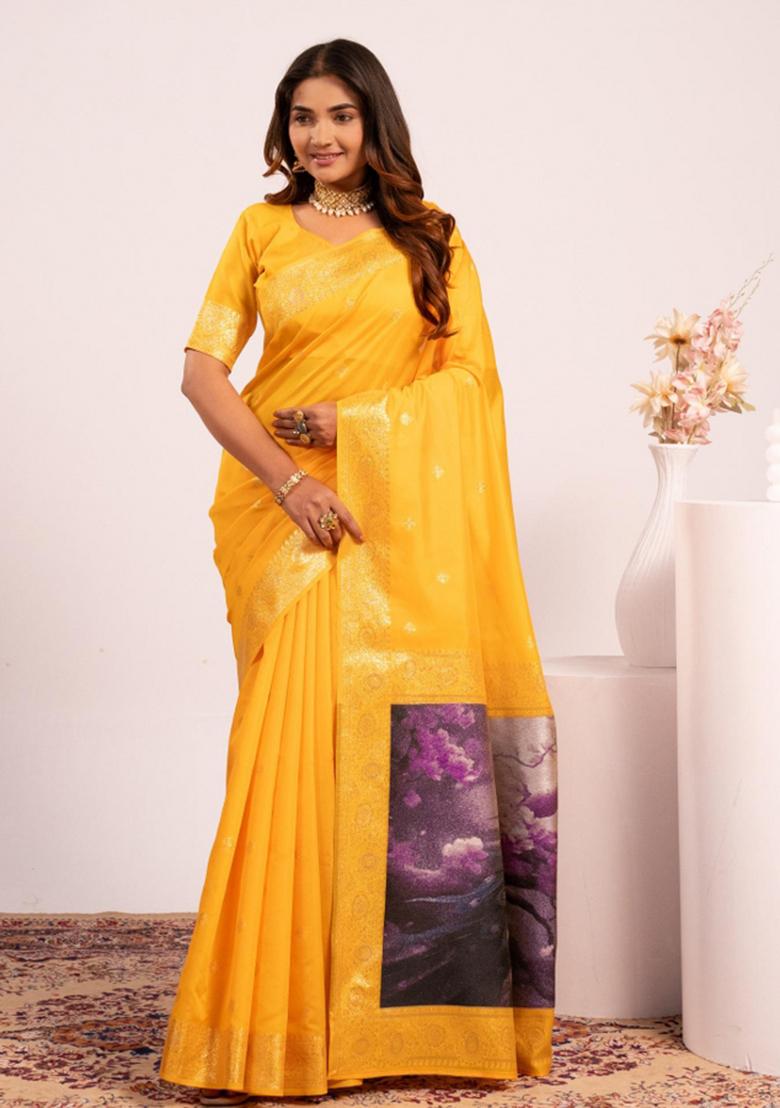 Yellow Weaving Work Silk Saree Set - Indya