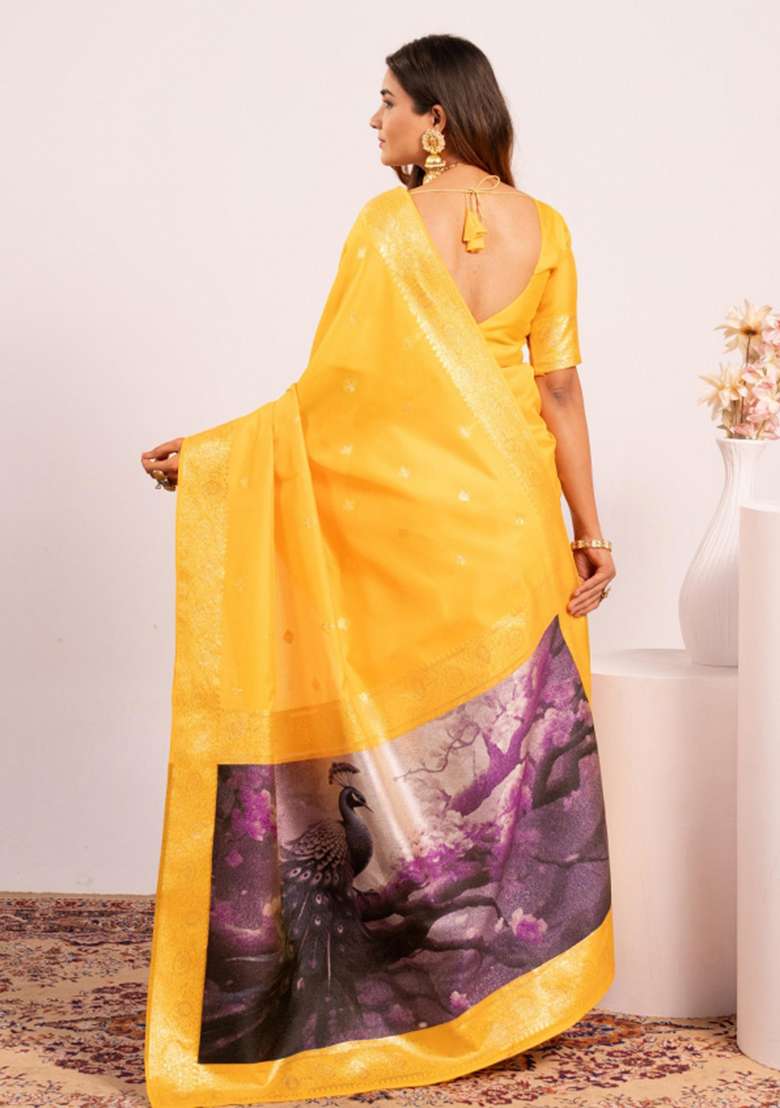 Yellow Weaving Work Silk Saree Set - Indya