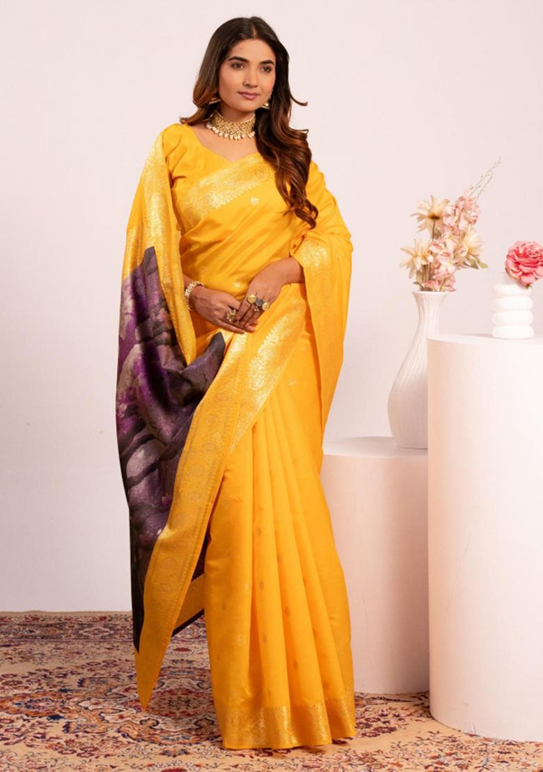 Yellow Weaving Work Silk Saree Set - Indya