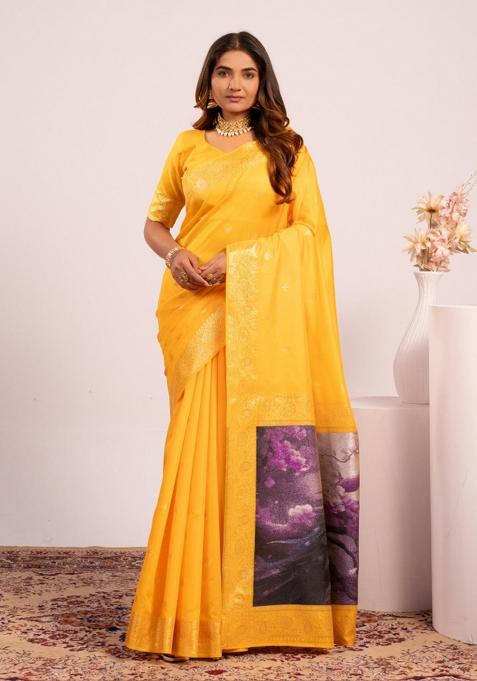 Yellow Weaving Work Silk Saree Set