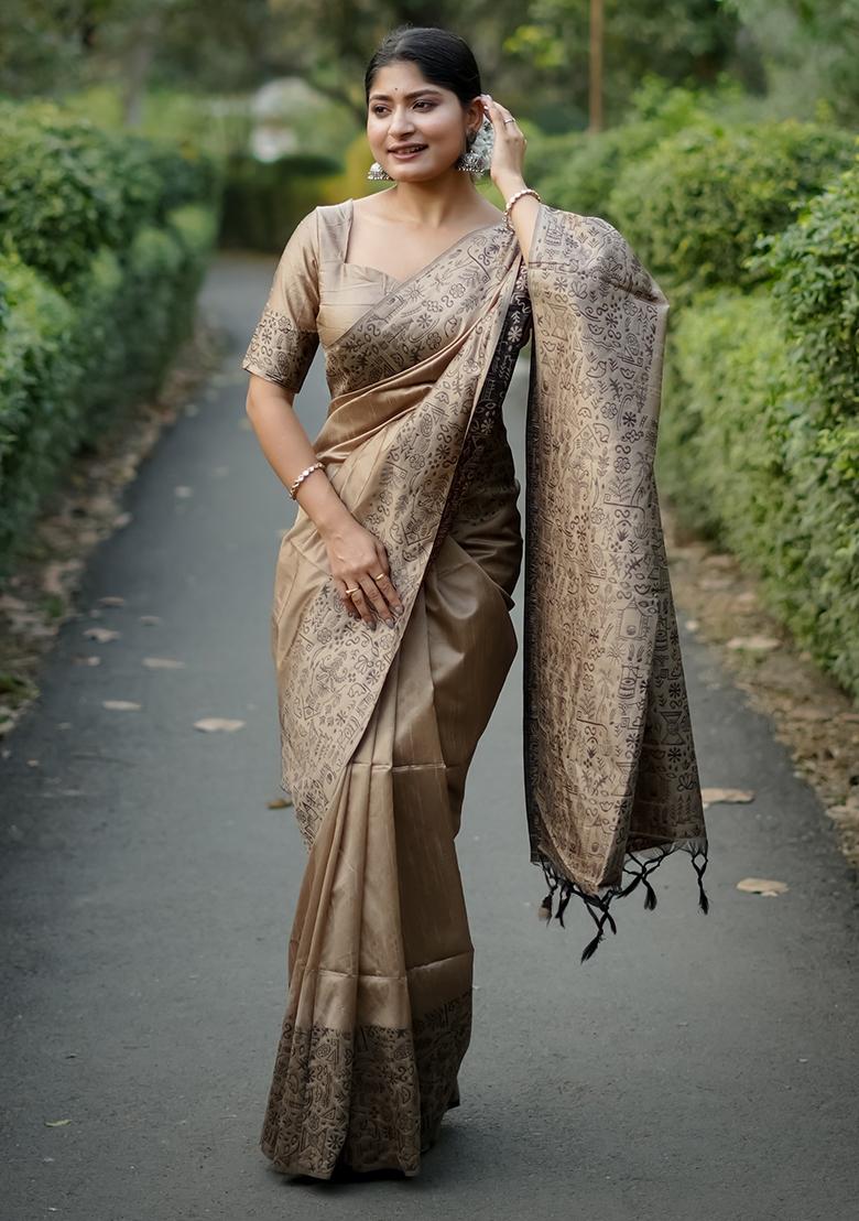 Beige Weaving Work Silk Saree Set - Indya