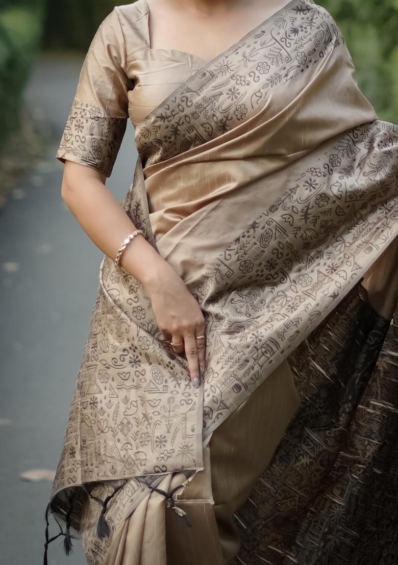 Beige Weaving Work Silk Saree Set - Indya