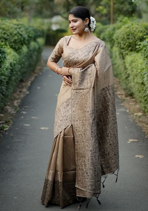 Beige Weaving Work Silk Saree Set