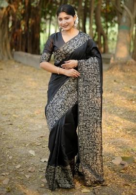 Black Weaving Work Silk Saree Set