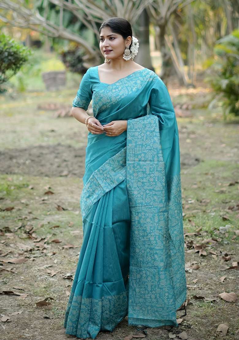 Firozi Weaving Work Silk Saree Set - Indya