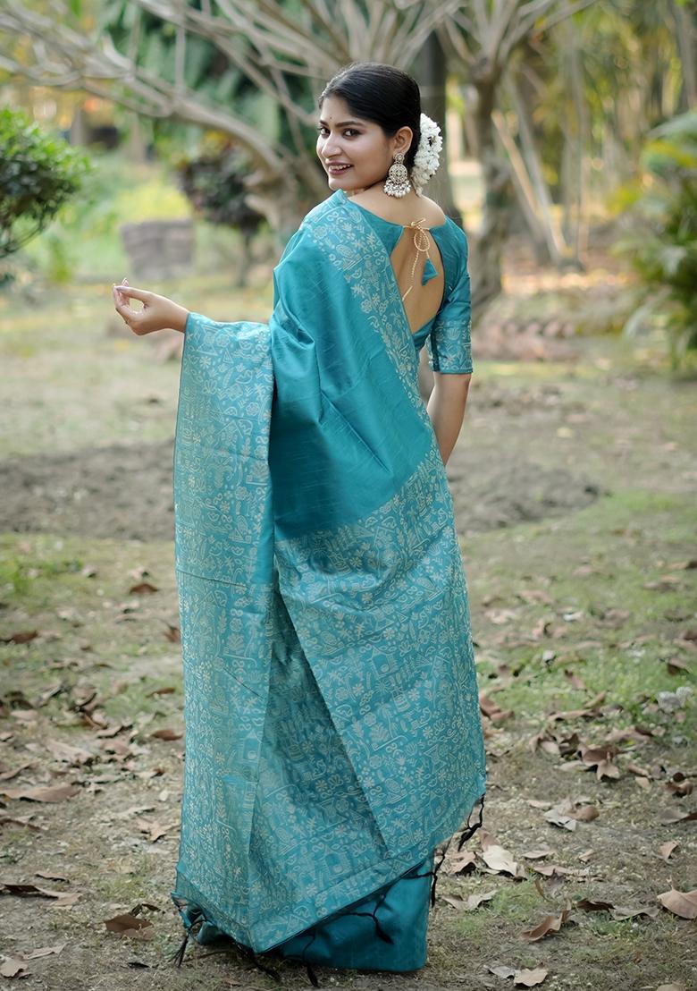 Firozi Weaving Work Silk Saree Set - Indya