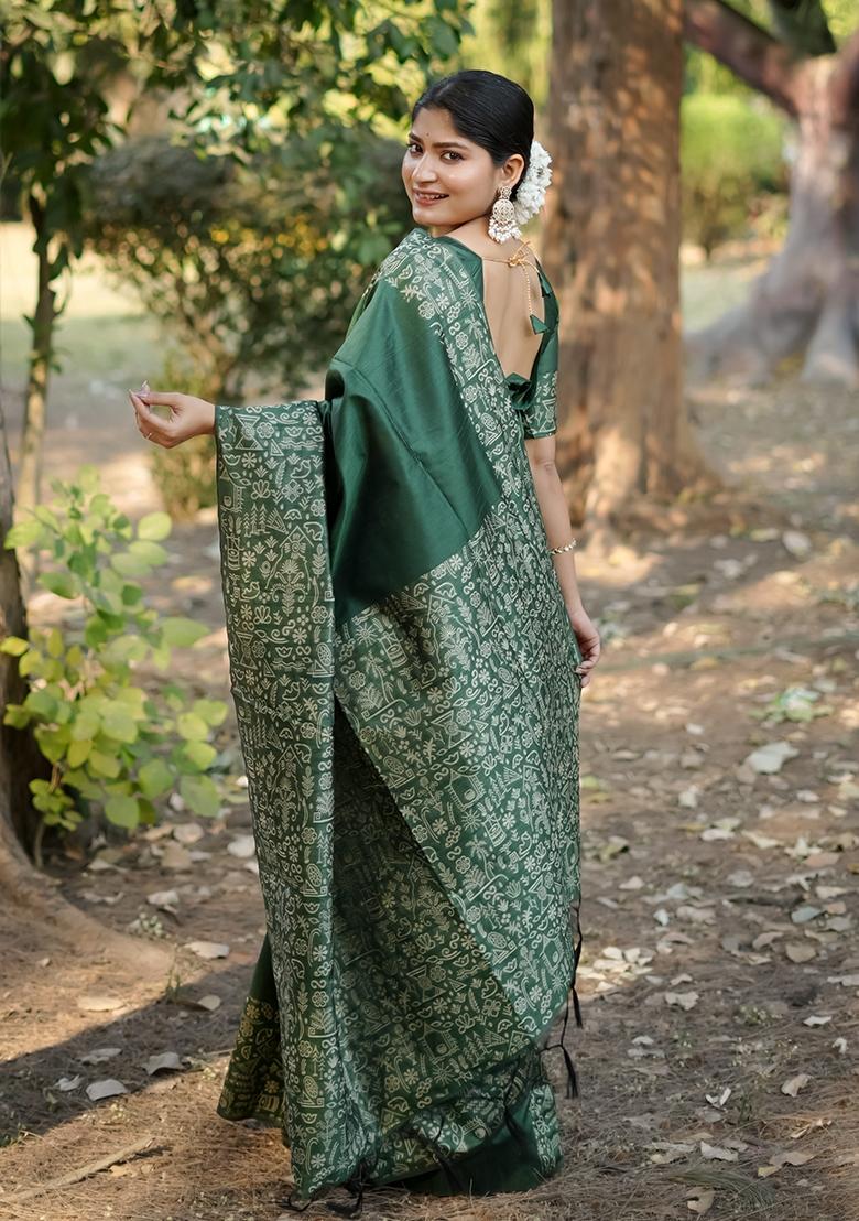 Green Weaving Work Silk Saree Set - Indya