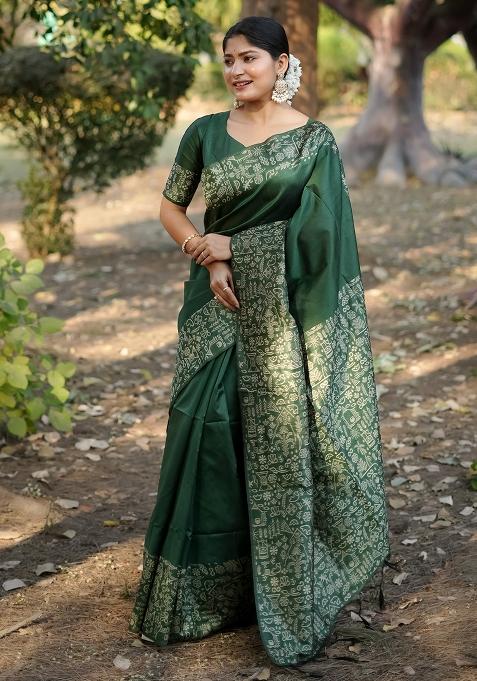 Green Weaving Work Silk Saree Set