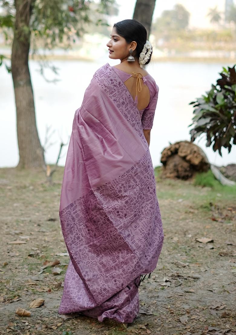 Lavender Weaving Work Silk Saree Set - Indya