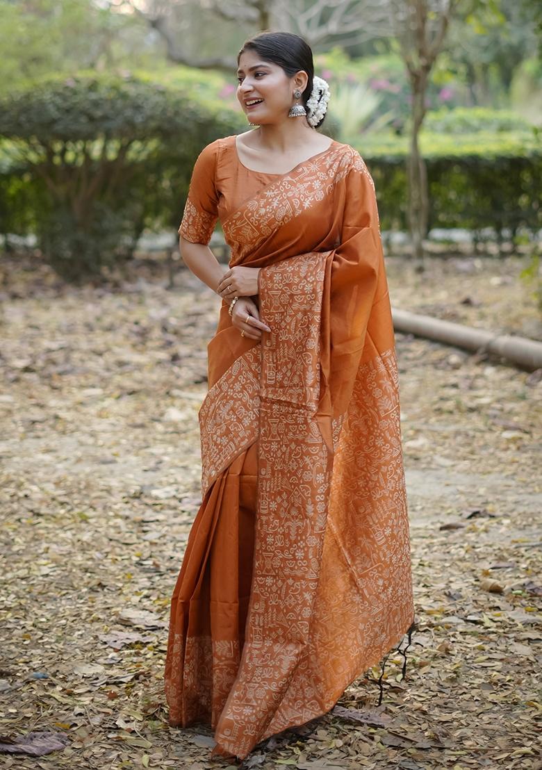 Orange Weaving Work Silk Saree Set - Indya